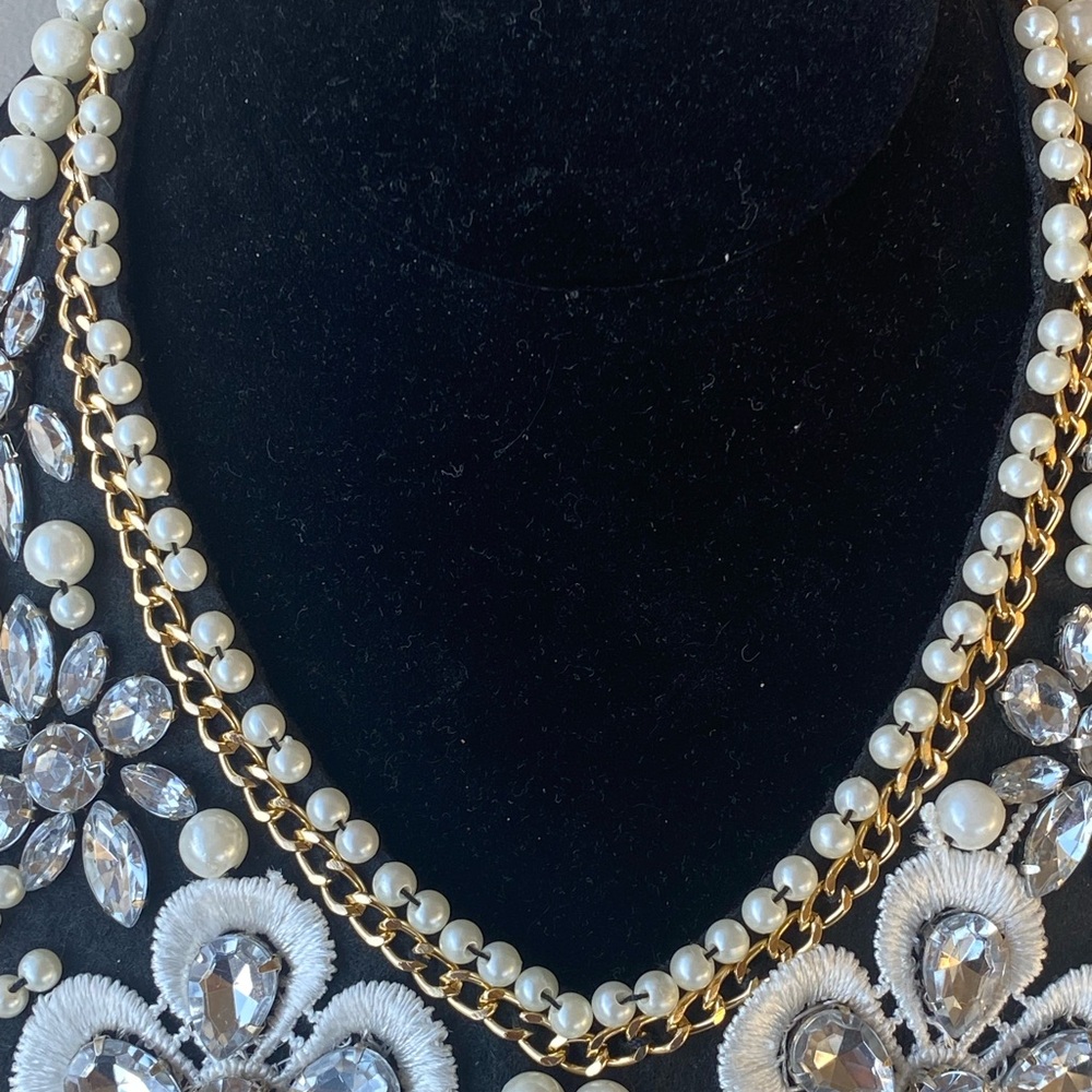 Pearl Rhinestone Bib Collar Necklace Statement Costume Jewelry - Picture 7 of 12